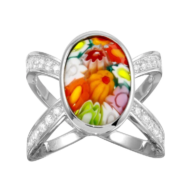 ladies ring small batch-Rhodium Plated 925 Sterling Silver Open Shank Oval Shape Murano Glass CZ Ring - MR00006