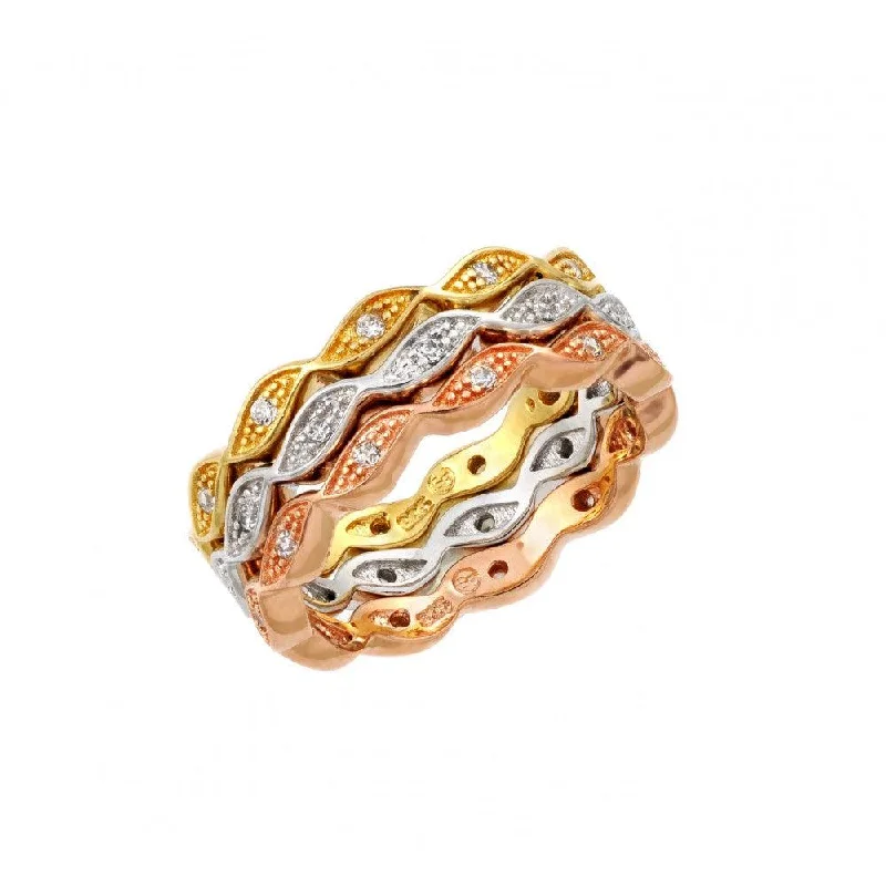 ladies ring summer styles-Silver 925 Rhodium Rose Gold and Gold Plated 3 Tone Stackable Eternity Ring Set - BGR00920