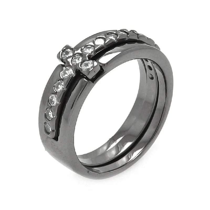 ladies ring wedding-Silver 925 Black Rhodium Plated Clear CZ Cross Ring - BGR00527