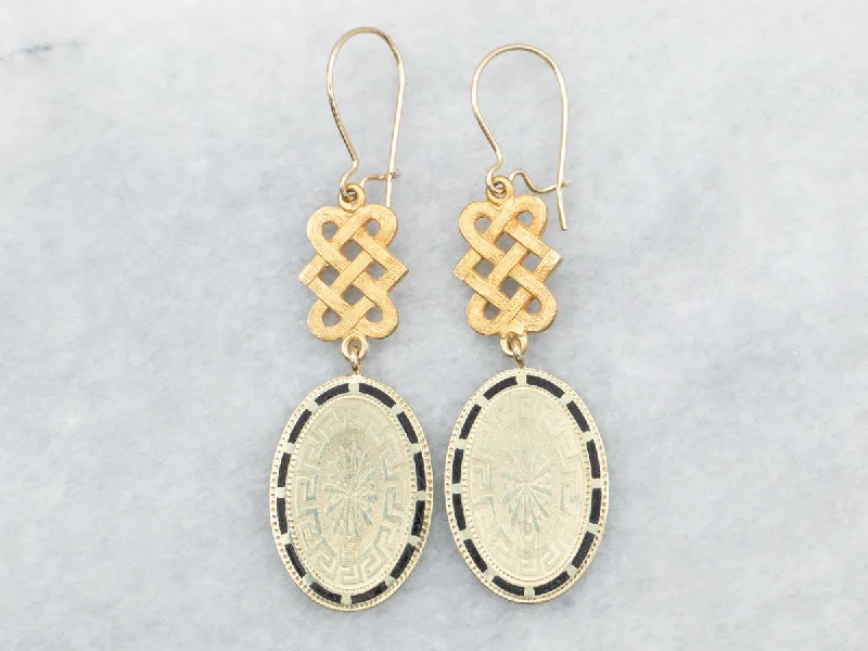 ladies earrings futuristic-Yellow Gold Black Enamel Oval Drop Earrings with Celtic Knot