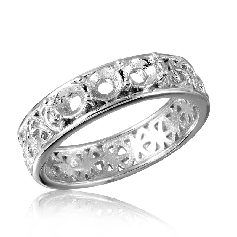 ladies ring warm tones-Silver 925 Rhodium Plated Celtic Designed Band 3 Stones Mounting Ring - BGR00829