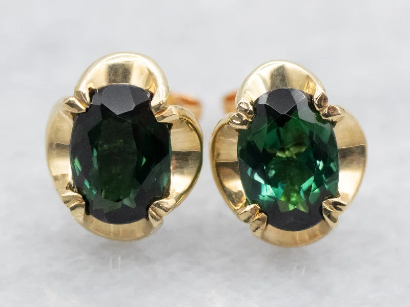 ladies earrings leaf gold-Yellow Gold Green Tourmaline Stud Earrings