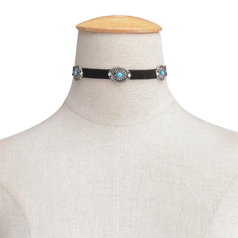 Ladies necklaces opal shimmering styles-Sexy Sparkles Black & Turquoise Velvet Choker Necklace for Women Girls Gothic Choker Bolo Tie Chokers