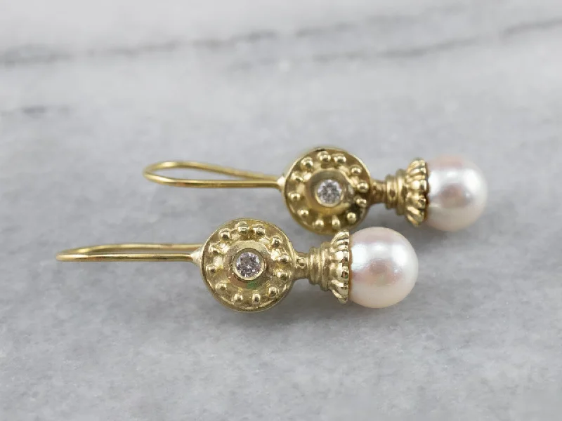 ladies earrings rose gold-Vintage Pearl and Diamond Drop Earrings