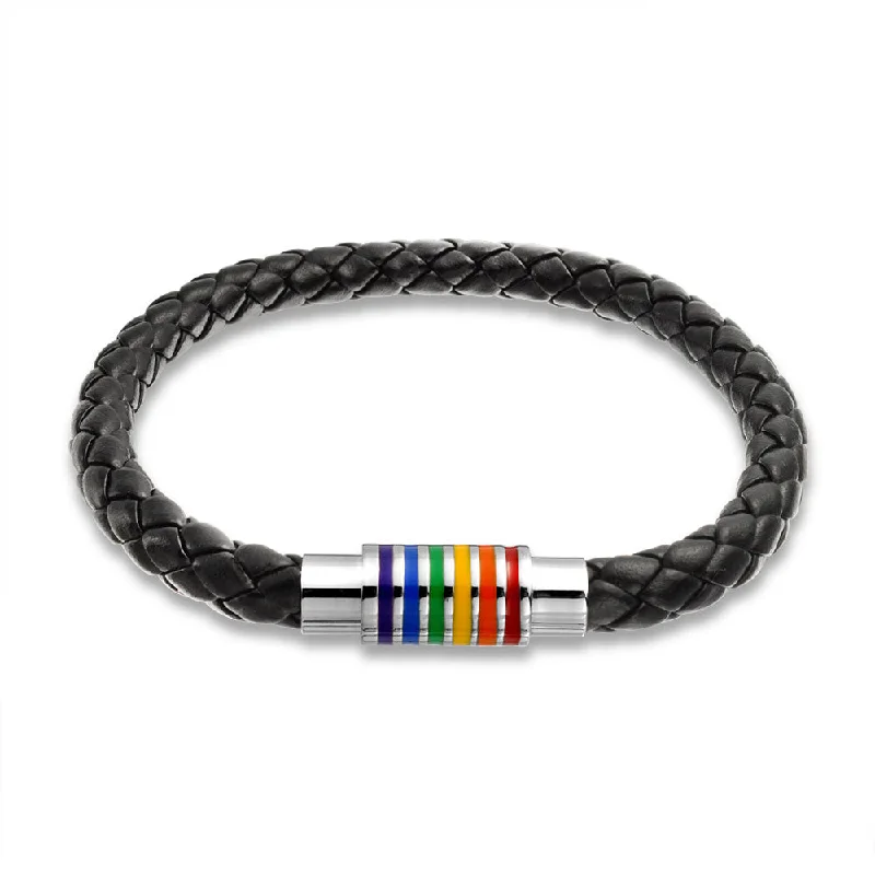 Ladies bracelets ombre effect designs-Striped Rainbow Flag Black Braided Leather LGBTQ Bracelet with Stainless Clasp