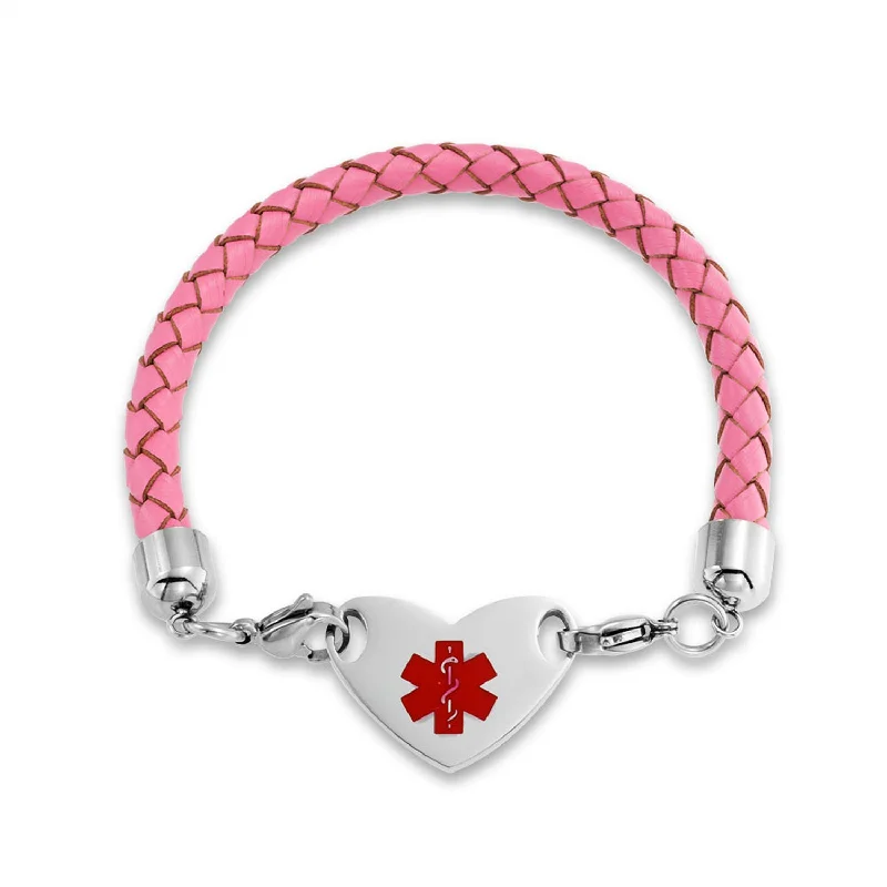 Ladies bracelets oval cut styles-Pink Braided Leather Medical ID Bracelet with Stainless Steel Clasp