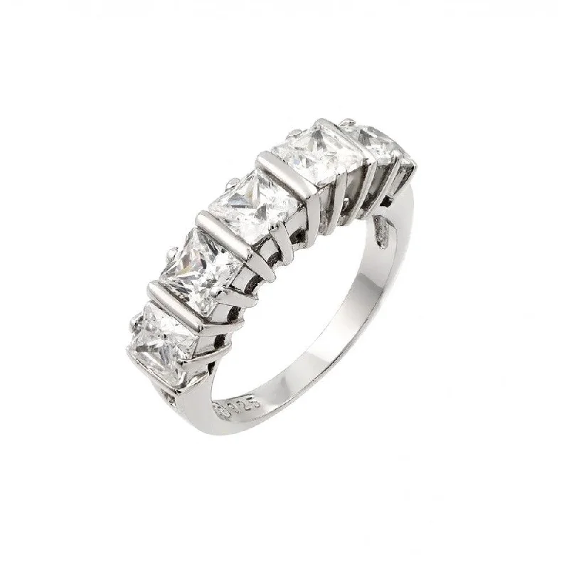 ladies ring symmetrical-Silver 925 Rhodium Plated 5 Stone Set CZ Ring - STR00773