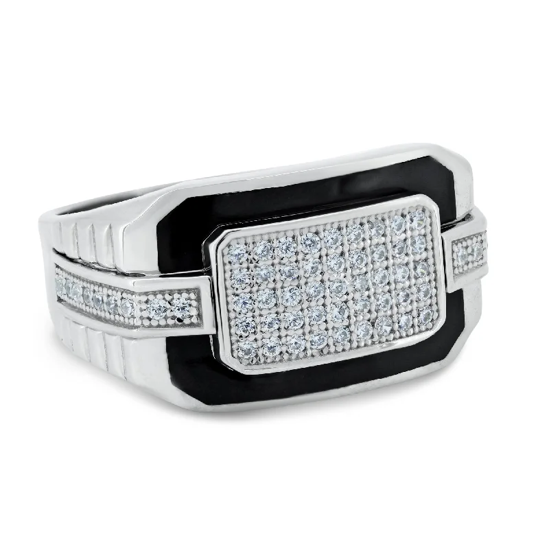 ladies ring gift silver-Rhodium Plated 925 Sterling Silver Multi Row CZ Black Enamel Ring - GMR00345