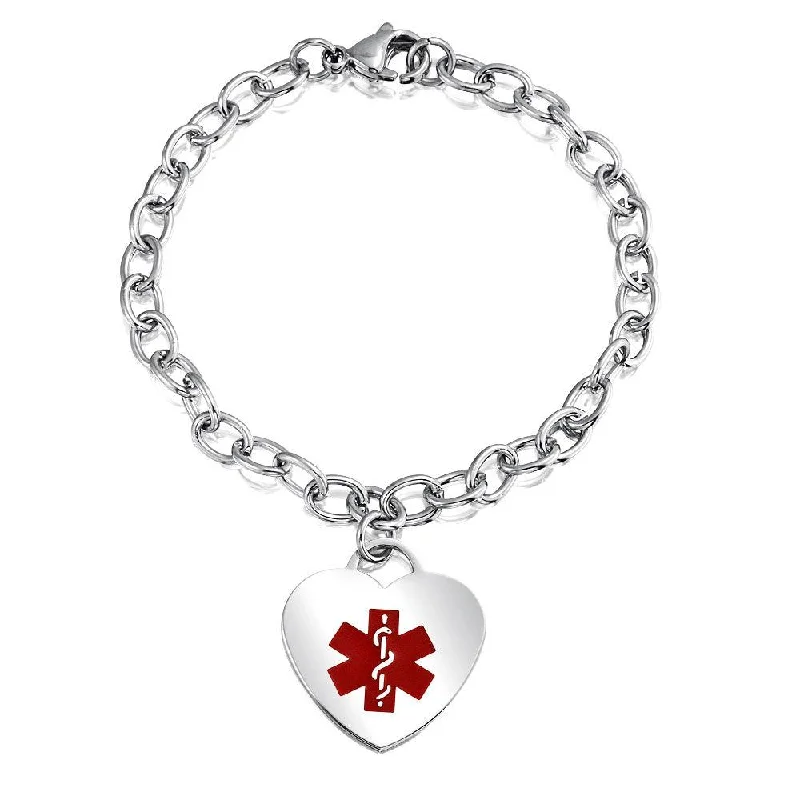 Ladies bracelets green diamond bracelets-Link Chain Red Medical ID Bracelet with Heart Tag Silver Tone 7-7.5 Inch