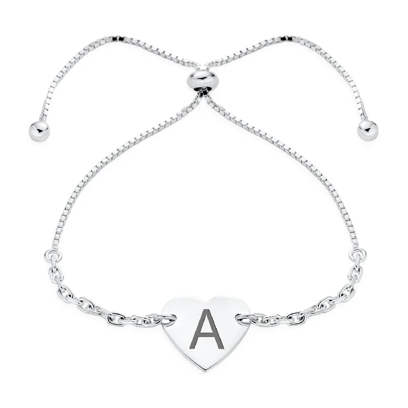 Ladies bracelets leaf shape bracelets-Script or Block Letter A-Z Initial Monogram Heart ID Bracelet Sterling Silver