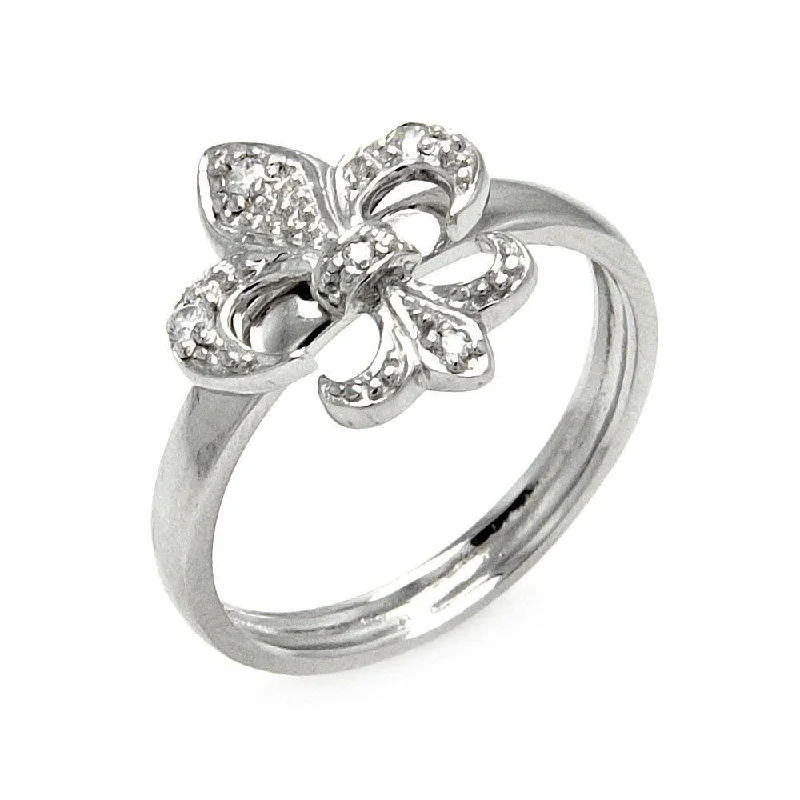 ladies ring with stones-Silver 925 Rhodium Plated CZ Fleur De Lis Ring - STR00217