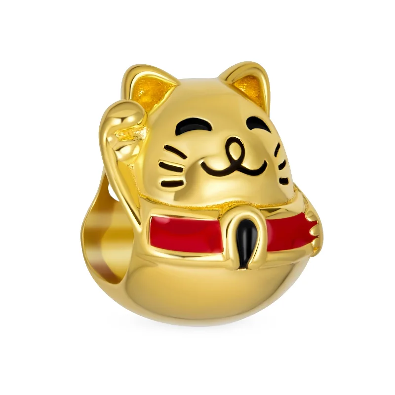 Ladies bracelets wedding accessory pieces-Yellow Maneki Neko Lucky Cat Charm Bead 14K Gold Plated Fits European Bracelet