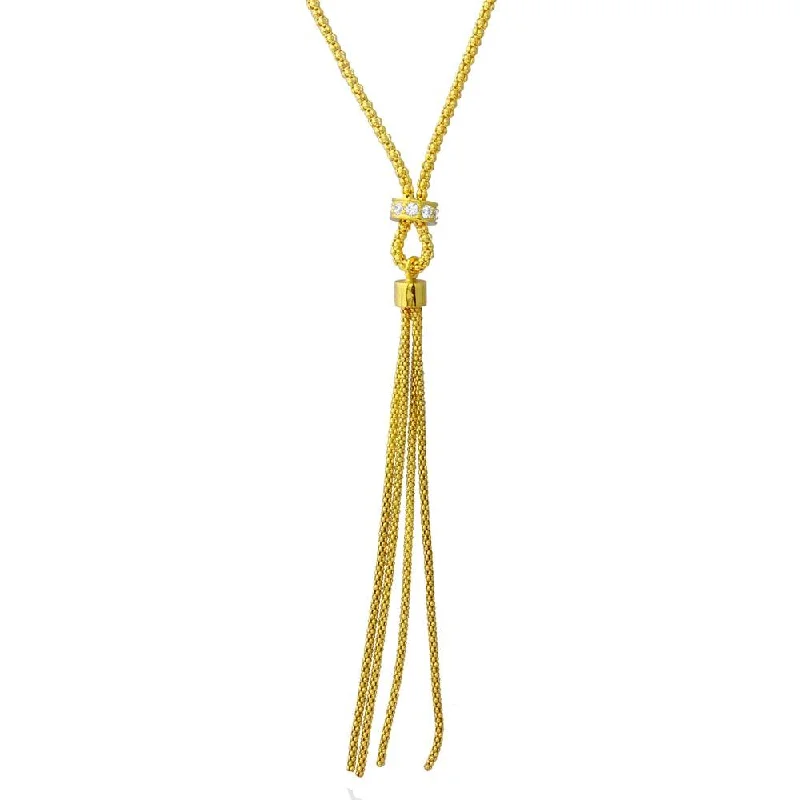 ladies ring clearance-Gold Plated 925 Sterling Silver Tassel Drop Necklace with Connected CZ Ring Knot - ARN00033GP