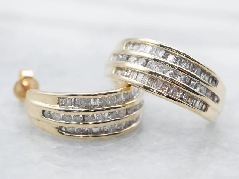 ladies earrings halo gold-Sparkling Round and Baguette Cut Diamond Hoop Earrings