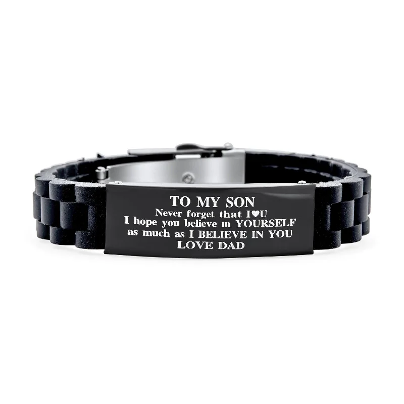 Ladies bracelets super wide designs-To My Son Courage Inspirational ID Bracelet for Grandson Black Silicone Wristband