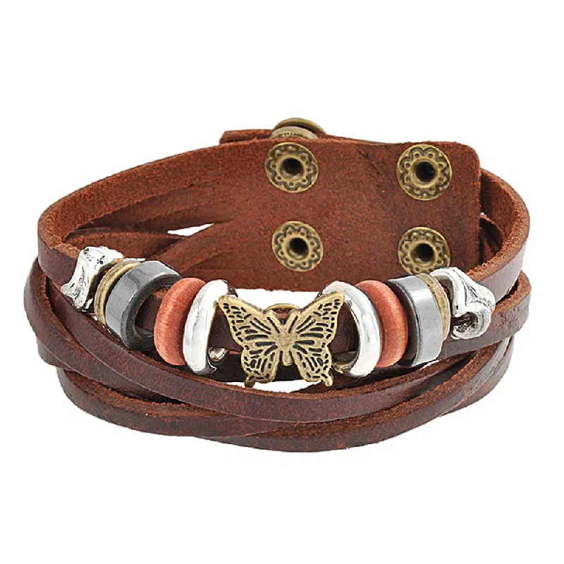 Ladies bracelets sustainable jewelry designs-Wide Butterfly Charm Brown Multi Strand Wrap Bracelet with Gold Tone Snaps