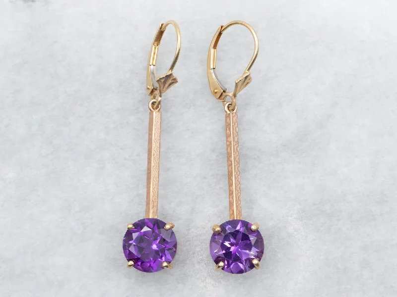 ladies earrings mother’s day-Two Tone Yellow and Rose Gold Round Cut Amethyst Bar Drop Earrings