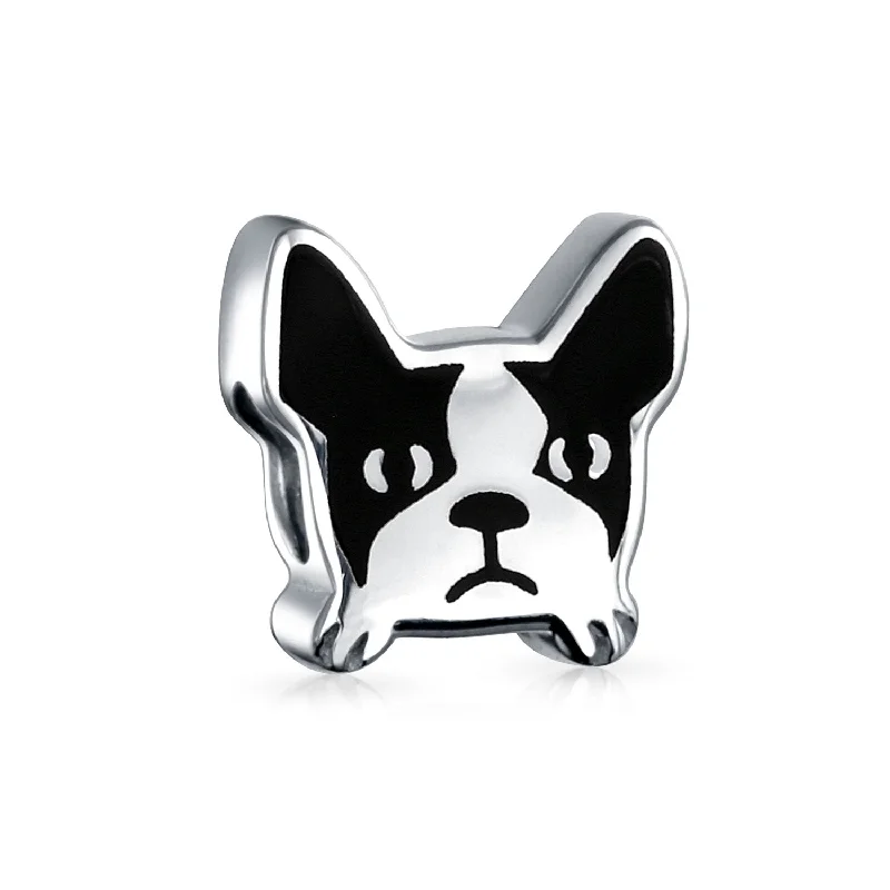 Ladies bracelets ethnic pattern designs-French Bulldog Charm Bead Black White Enamel Sterling Silver for Bracelets