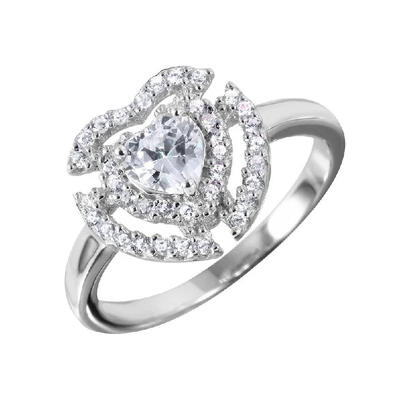 ladies ring floral engraving-Silver 925 Heart Shaped Ring With CZ Centerpiece and Accents - BGR00990