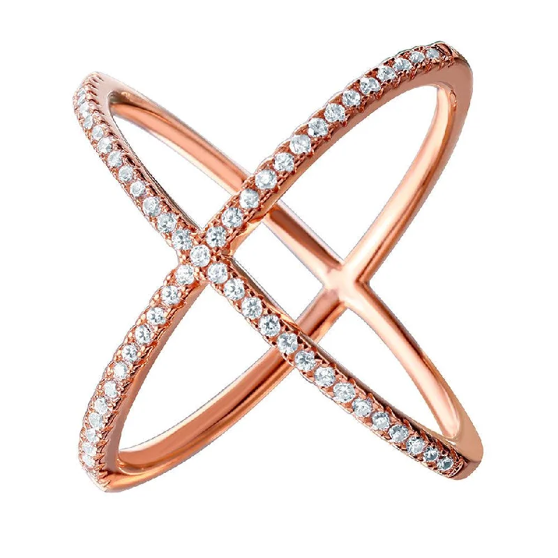 ladies ring rose gold-Silver 925 Nickel Free Rose Gold Plated 4 Way CZ Cross Ring - GMR00039RGP