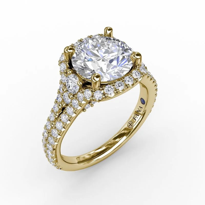 ladies engagement ring high-end gold-Cushion Halo Engagement Ring With Side Stones and Double-Row Diamond Band