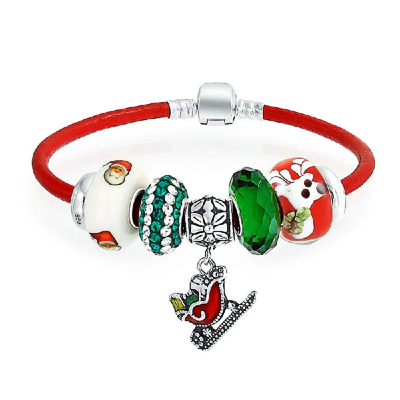 Ladies bracelets heart cut styles-Christmas Santa Sleigh Charm Bracelet Red Leather with Sterling Silver Clasp