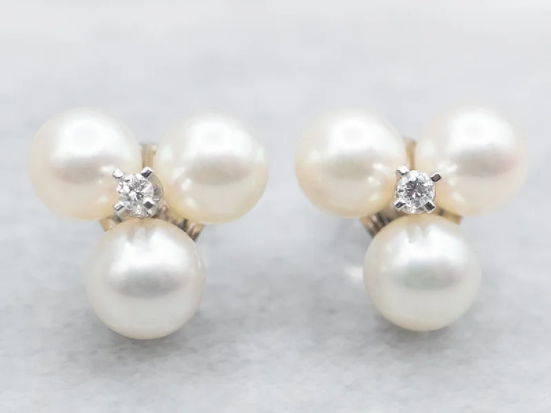 ladies earrings zodiac silver-Saltwater Pearl and Diamond Cluster Stud Earrings