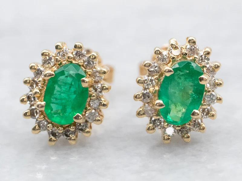 ladies earrings best deals-Emerald and Diamond Halo Stud Earrings