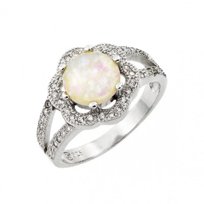 ladies ring affordable luxury-Silver 925 Rhodium Plated White Opal Center Clear Cluster CZ Flower Ring - STR00992