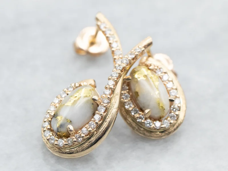 ladies earrings premium silver-Yellow Gold Oval Cut White Quartz with Gold Veining and Diamond Earrings