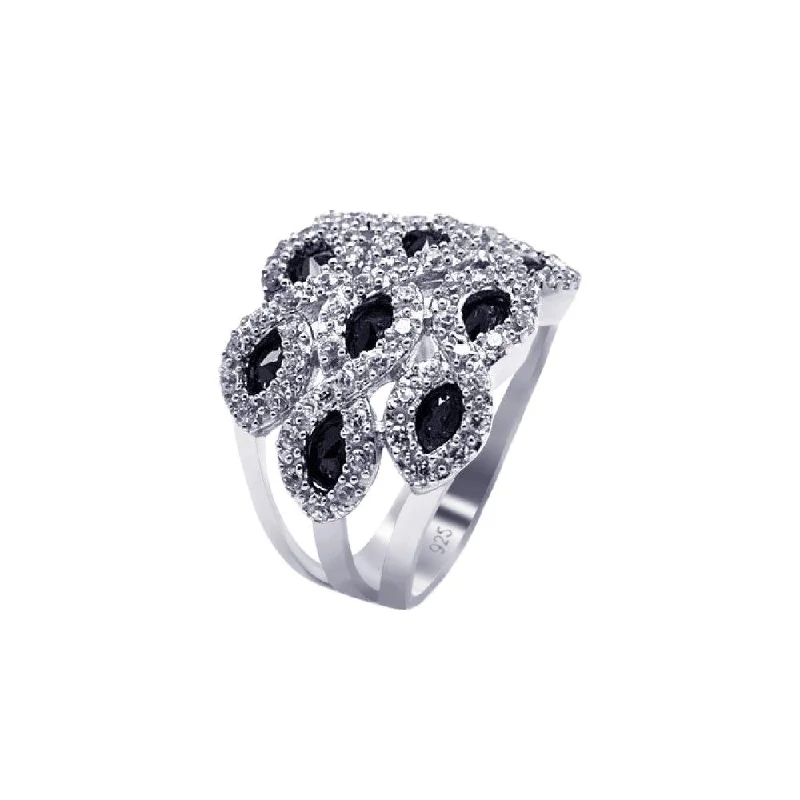 ladies ring timeless-Silver 925 Rhodium Plated Clear and Black Marquise CZ Cigar Band Ring - AAR0068