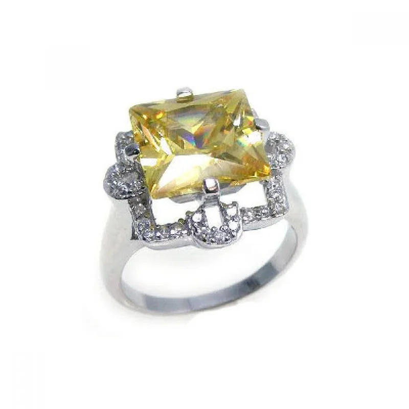 ladies ring floral-Silver 925 Rhodium Plated Yellow Princess Cut Center and Clear CZ Ring - STR00539