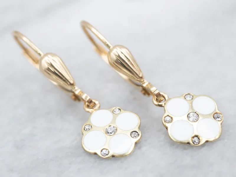 ladies earrings luxury brands-Sweet Yellow Gold White Enamel and Diamond Flower Drop Earrings