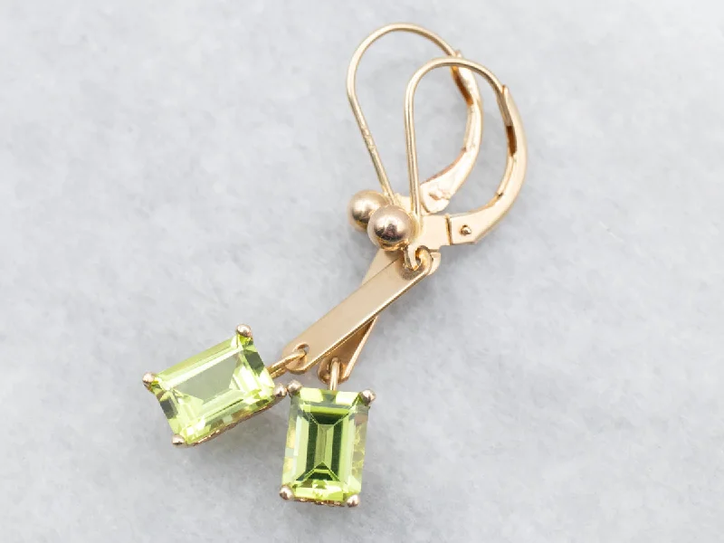 ladies earrings tarnish free-Yellow and Rose Gold Bar Peridot Drop Earrings