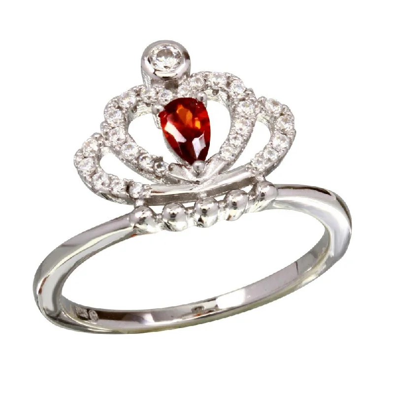 ladies ring affordable gold-Rhodium Plated 925 Sterling Silver Red CZ Crown Ring - BGR01169RED