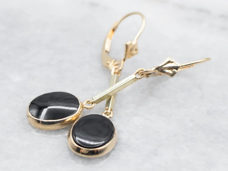 ladies earrings shell silver-Black Onyx Bar Drop Earrings