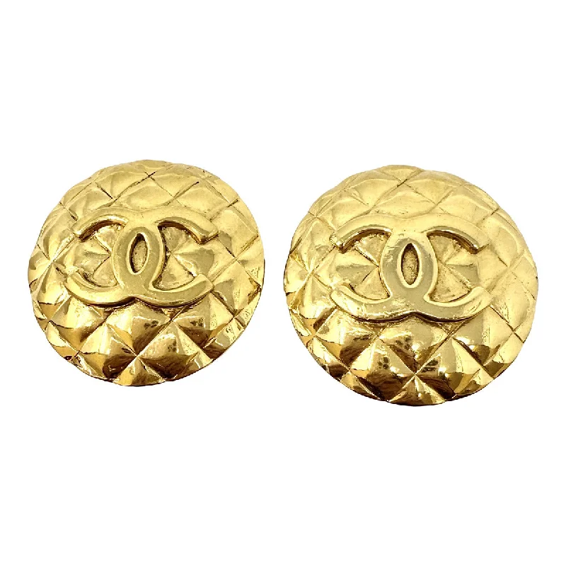 ladies earrings zodiac silver-Chanel Round 24K Gold-plated Quilted Clip-on Earrings with Interlocking CC