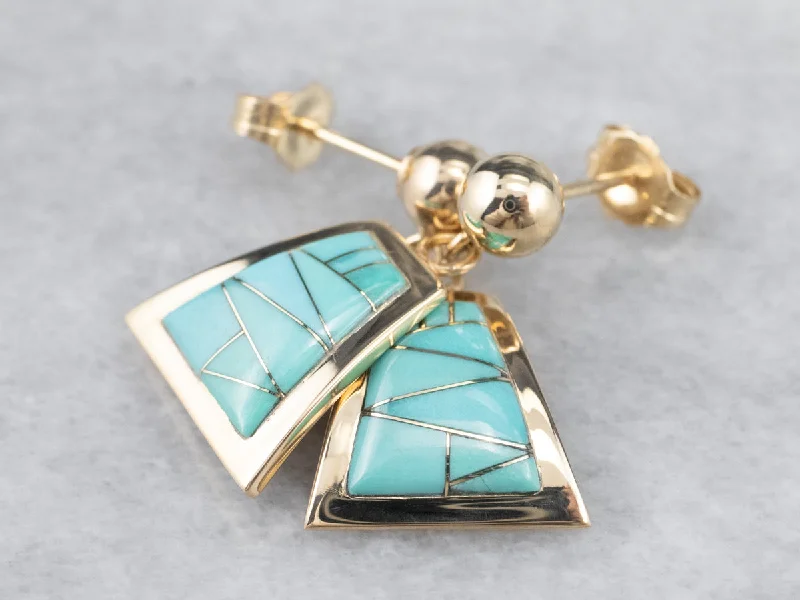 ladies earrings wavy-Turquoise Intarsia Drop Earrings in Yellow Gold