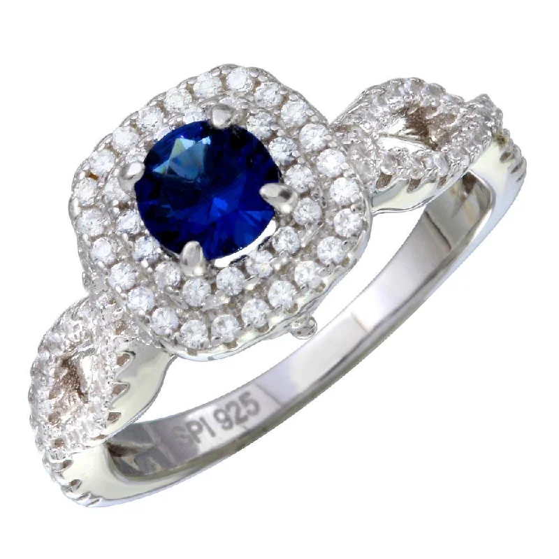 ladies ring black diamond-Rhodium Plated 925 Sterling Silver  Blue and Clear CZ Ring - STR01090