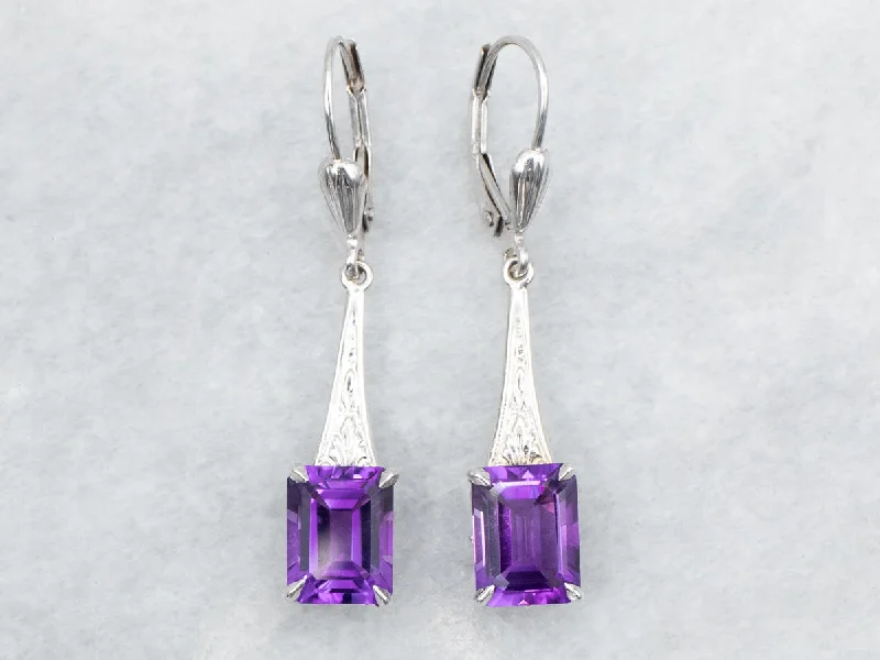 ladies earrings clip-on-Emerald Cut Amethyst Drop Earrings