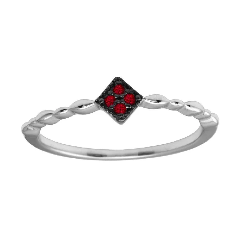 ladies ring halo-Rhodium Plated 925 Sterling Silver Diamond Shape 4 Red CZ Ring - BGR01226RED