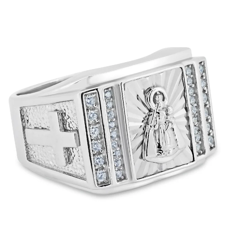 ladies ring turquoise silver-Rhodium Plated 925 Sterling Silver Religious Saint CZ Ring - GMR00348