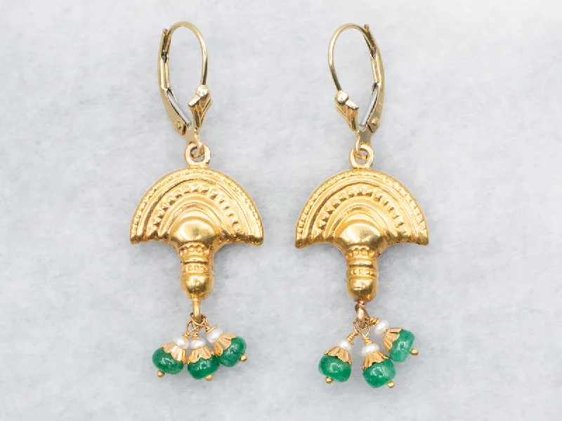 ladies earrings turquoise-Yellow Gold Drop Earrings with Emerald and Seed Pearl Accents