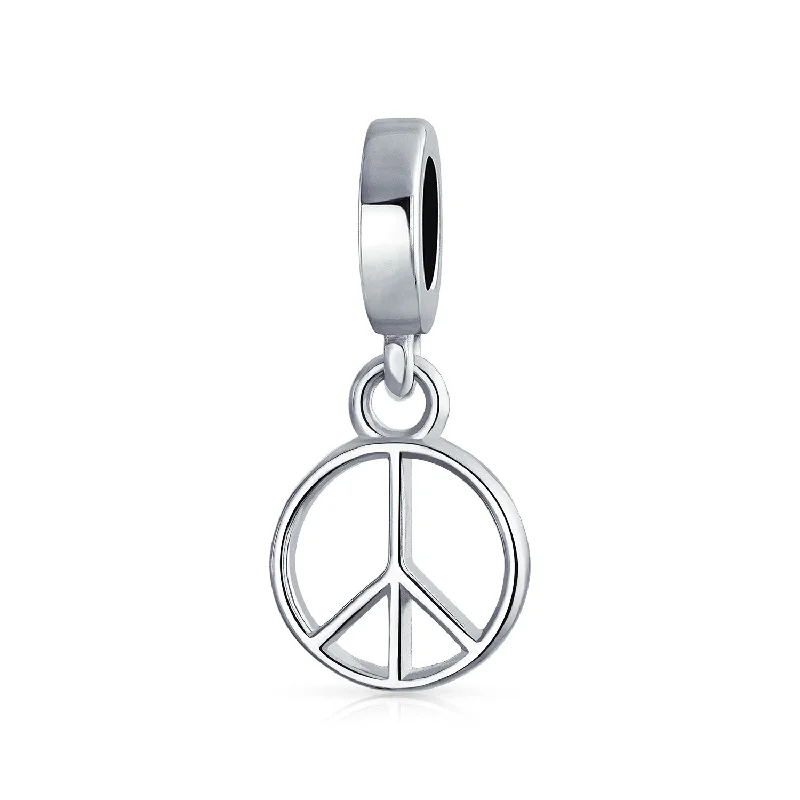 Ladies bracelets minimalist daily wear-Inspirational World Peace Sign Dangle Charm Bead Sterling Silver for Bracelets