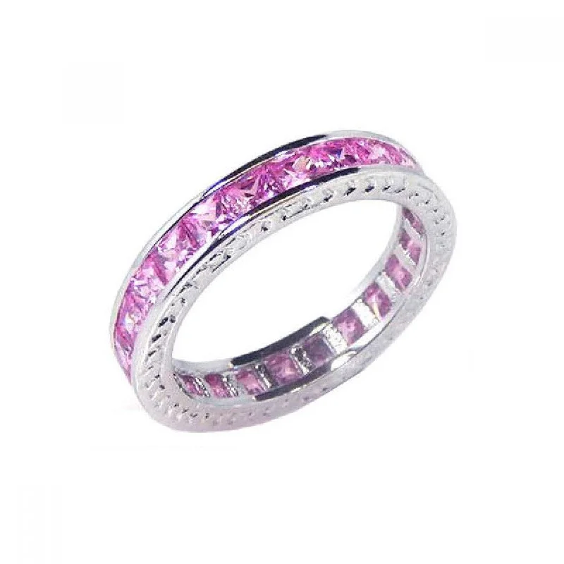 ladies ring single stone-Silver 925 Rhodium Plated Channel Set Pink Square CZ Eternity Ring - BGR00056