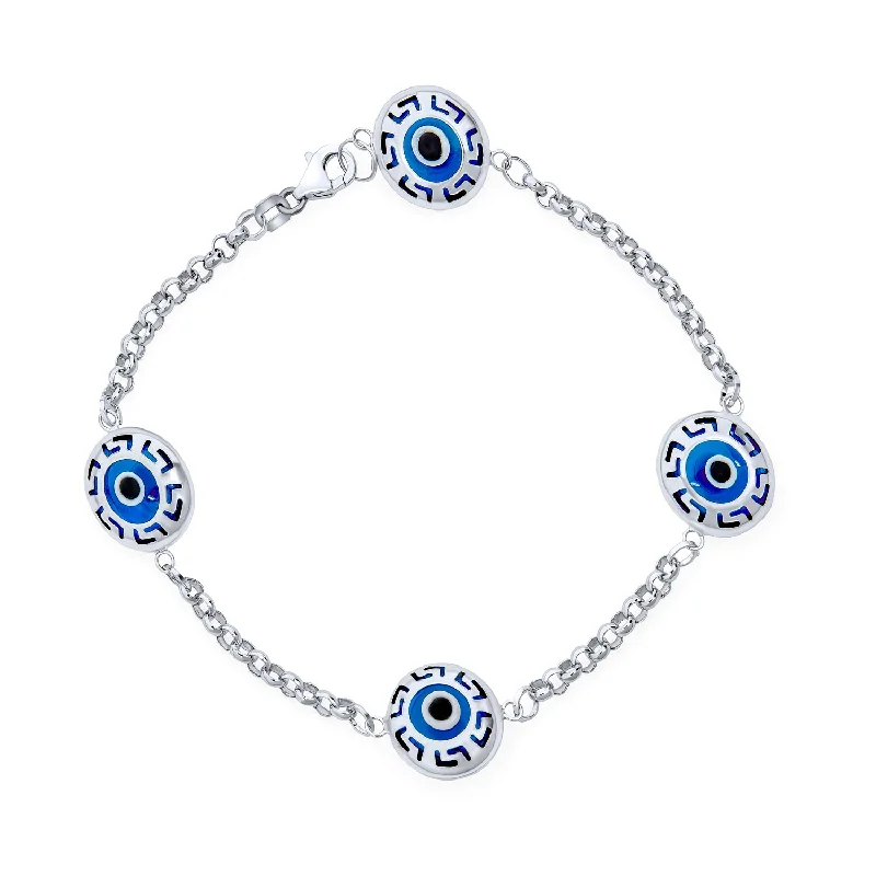 Ladies bracelets art deco bracelets-Turkish Evil Eye Chain Link Bracelet Greek Motif Sterling Silver 7.5 Inch