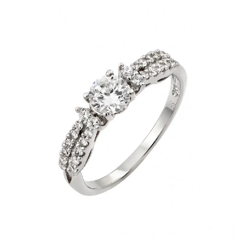 ladies ring engraved silver-Silver 925 Rhodium Plated Clear Center CZ Inlay Ring - STR00968