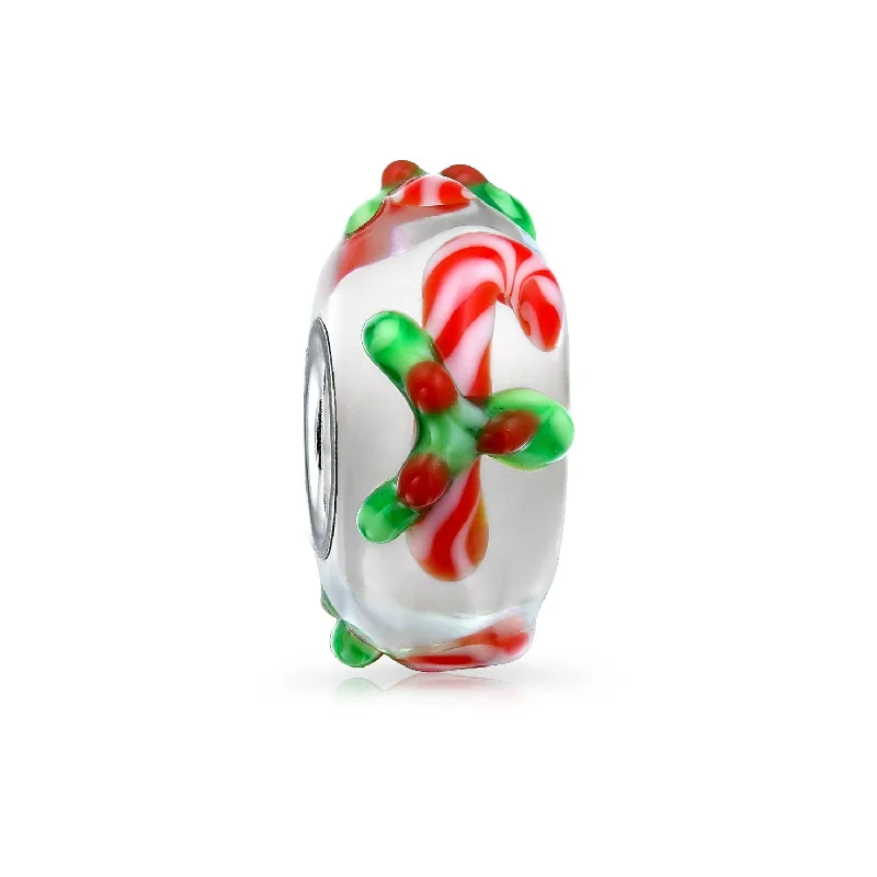 Ladies bracelets geometric shape styles-Christmas Charm Bead Red Candy Cane Peppermint Murano Glass for Bracelets