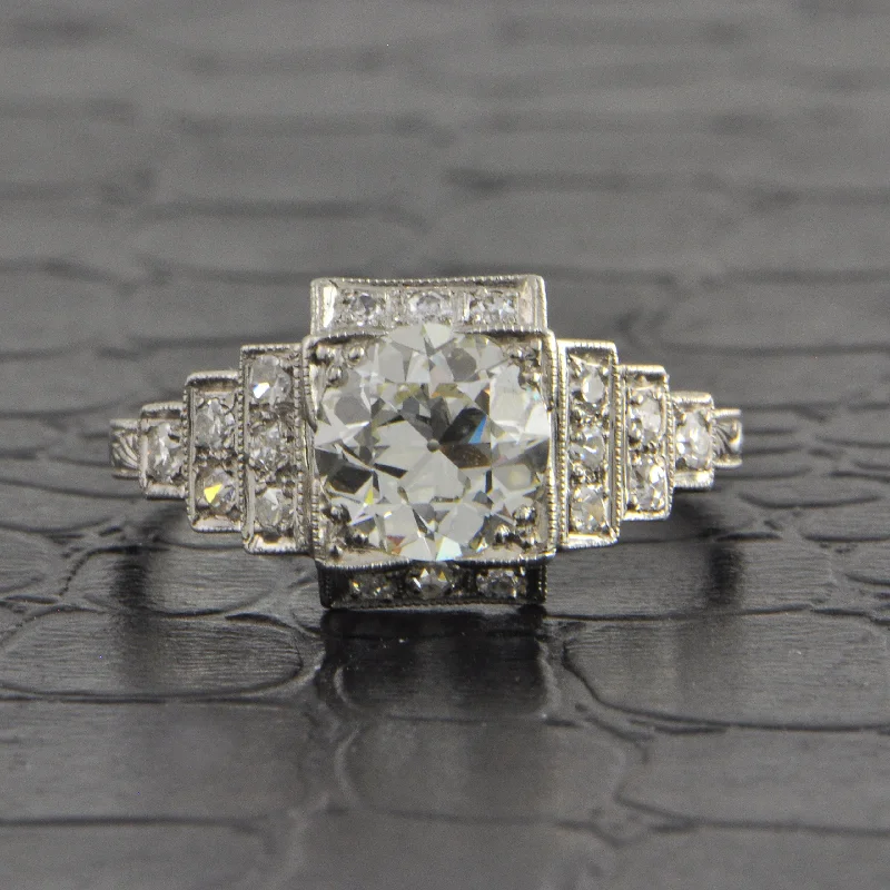 ladies engagement ring summer style-Antique Art Deco 1.30 ct. Old European Cut Diamond Engagement Ring in Platinum