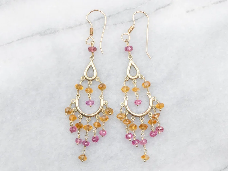 ladies earrings polished-Yellow Gold Citrine and Pink Tourmaline Drop Dangle Earrings